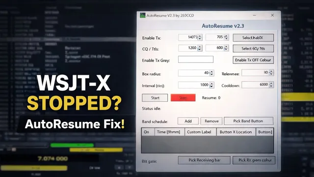 The real AutoResume application window, showing the transmit controls and band schedule in the demo video