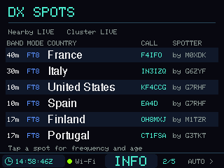 Ham Pilot’s six-row DX spot display with countries, bands and modes